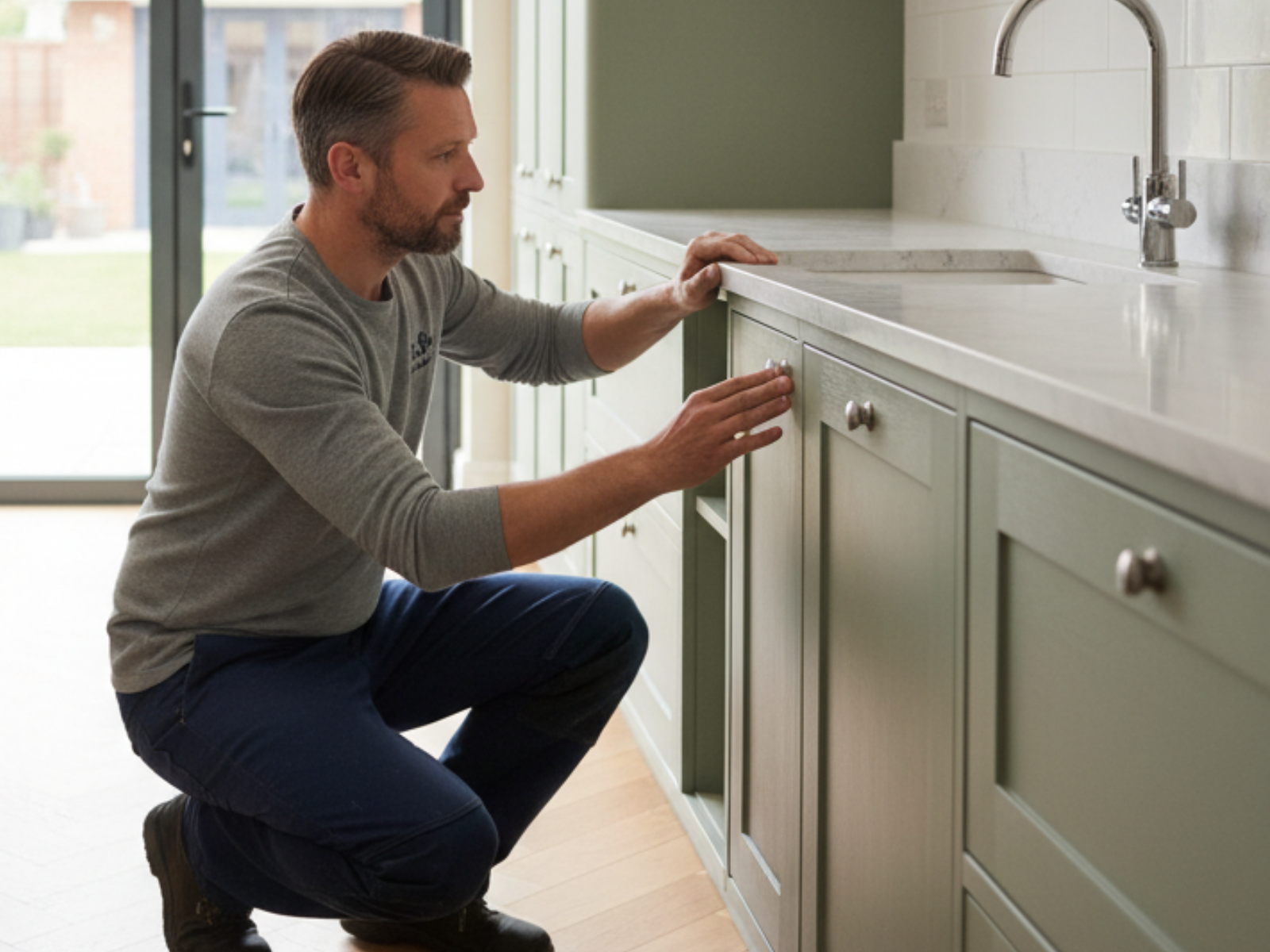 A man kneeling in front of a green kitchen cabinet, adjusting a drawer handle.