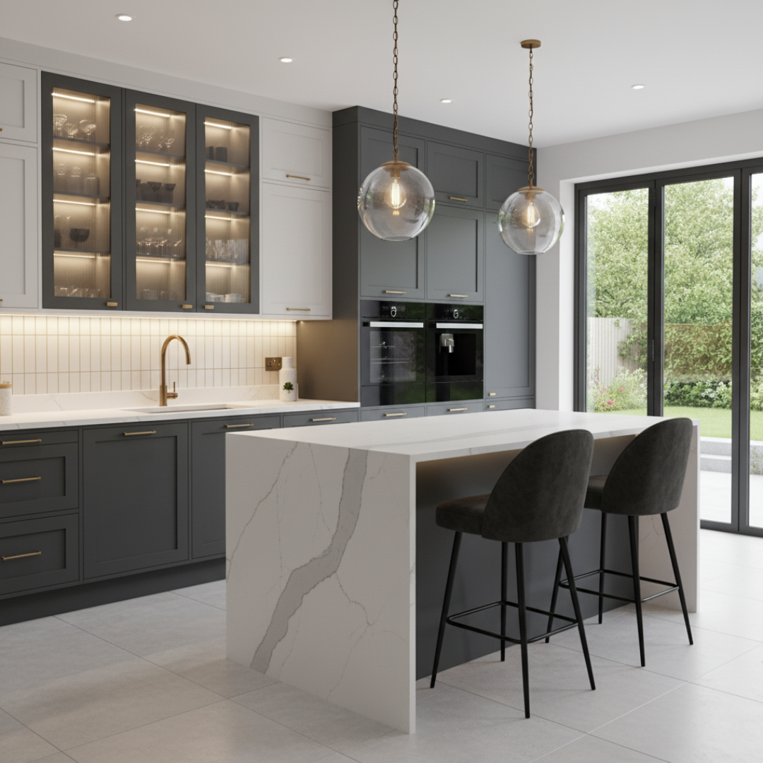Bespoke grey and white shaker kitchen with lit glass display cabinets, large quartz waterfall island and pendant lighting, designed by Eldwick Interiors.