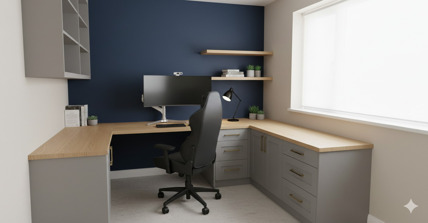 Custom L-shaped home office with grey fitted cabinets, oak-effect worktop and floating shelves on a navy feature wall, designed by Eldwick Interiors
