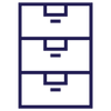 A black outline drawing of a filing cabinet with four drawers.