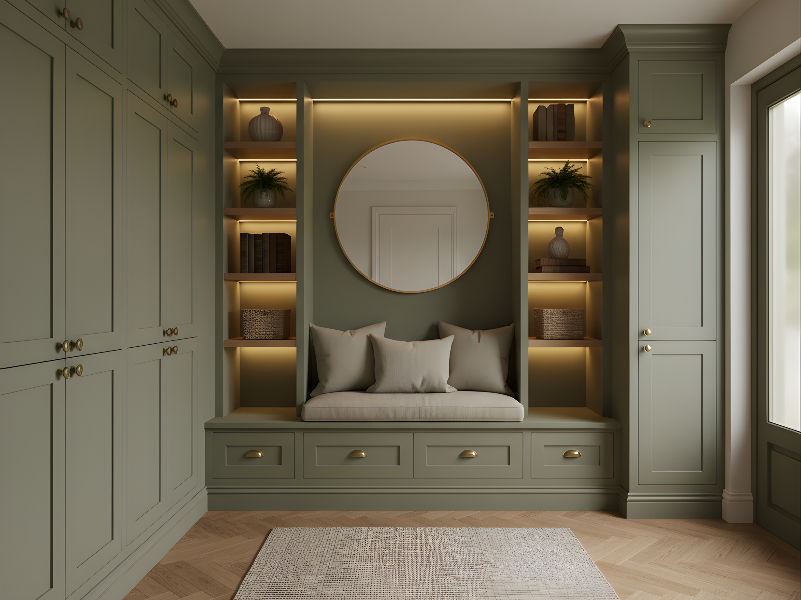 Custom fitted green media and seating unit with integrated bench, warm LED-lit shelving and shaker-style storage cabinets, designed by Eldwick Interiors.