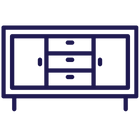 Line art of a vintage sideboard or cabinet with doors and drawers