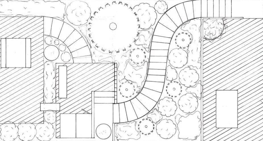 A landscape design plan showing curved pathways, trees, shrubs, and decking areas.