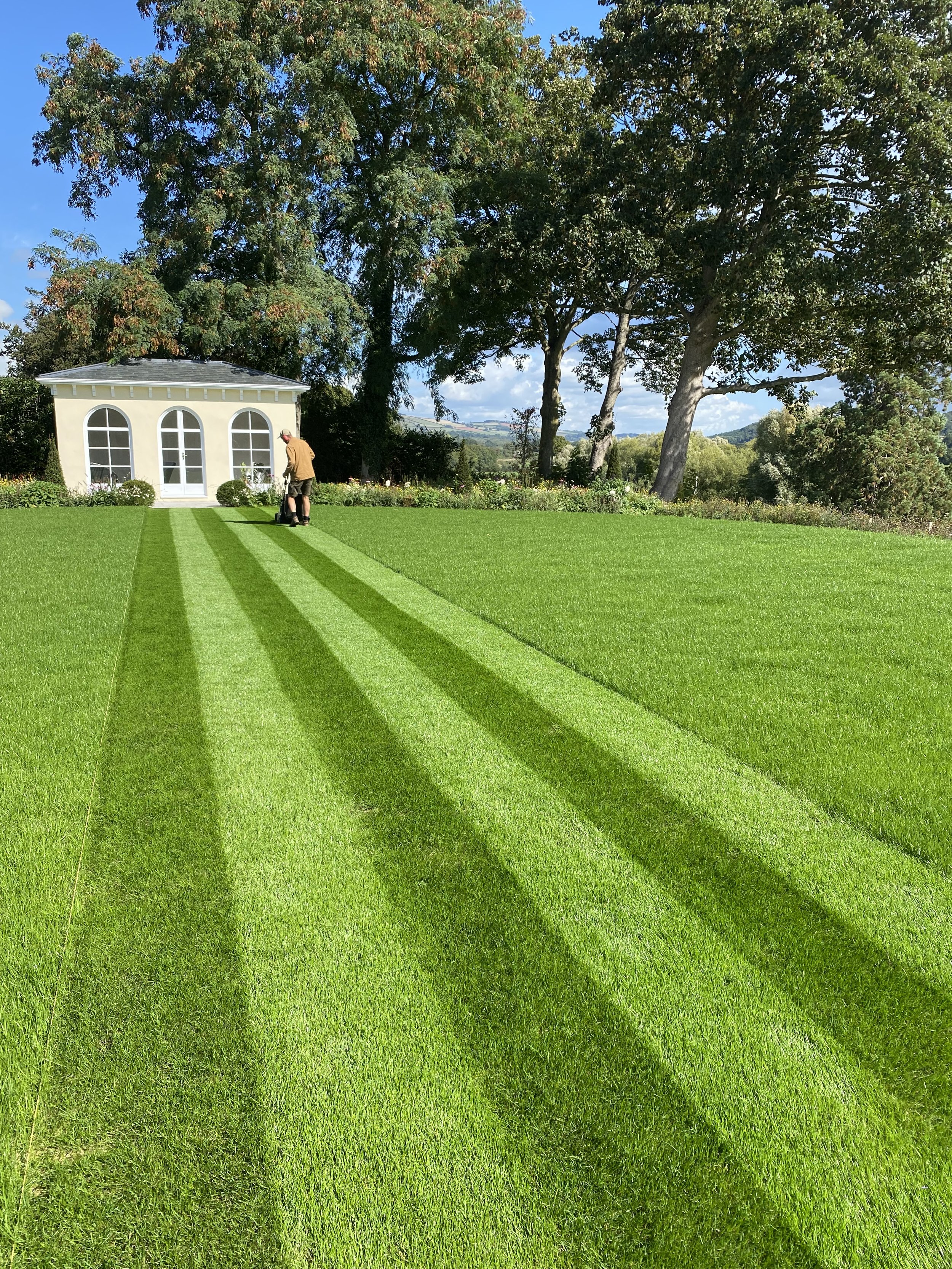 Mowing a lawn towards a small white building with arched windows, with tall trees and a blue sky in the background.