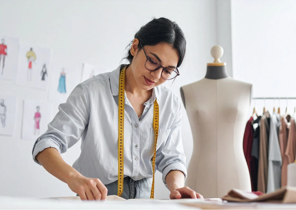 A woman working on fashion design with a measuring tape around her neck in a studio with sketches and a dress form.