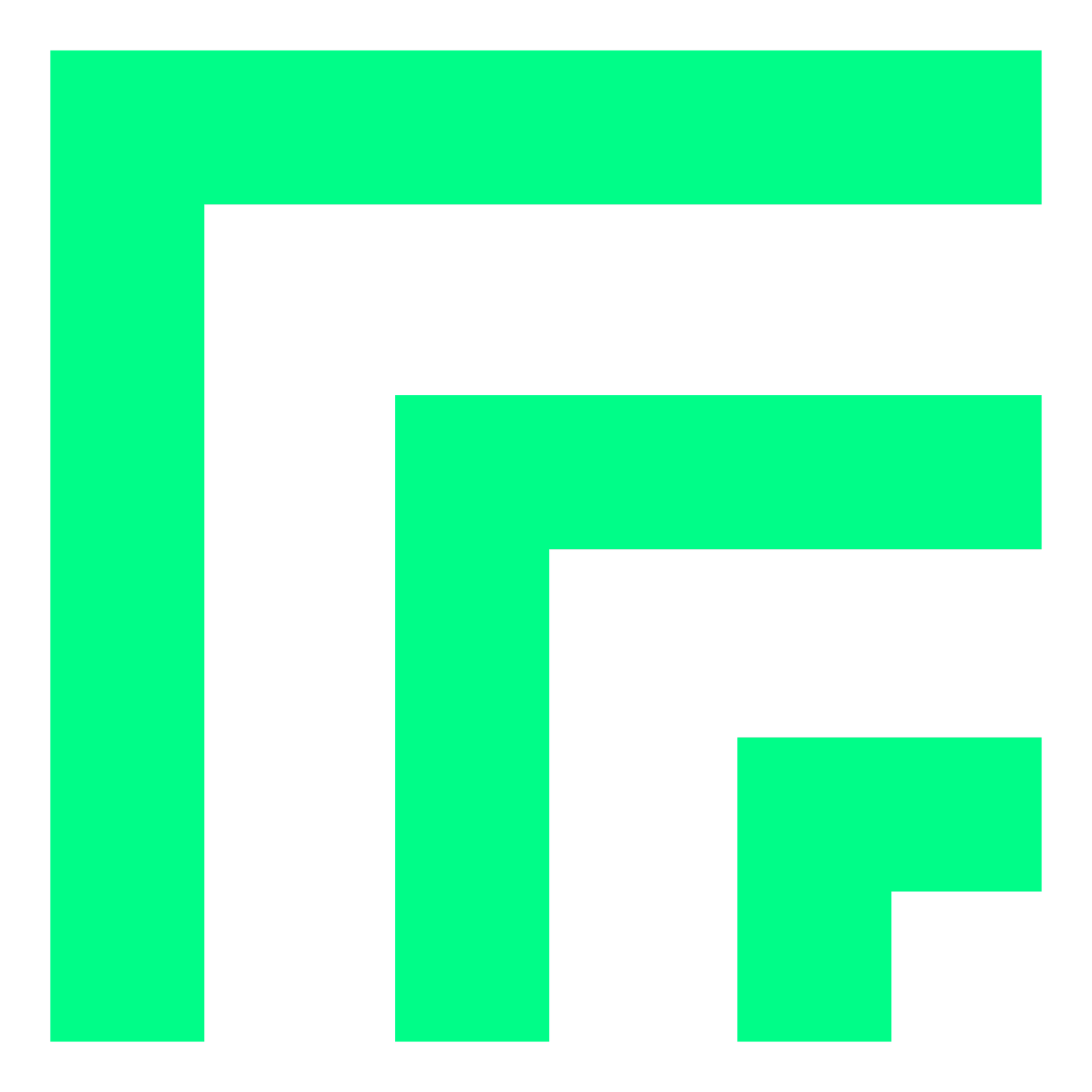 Stylized teal and black letter F logo on a black background.