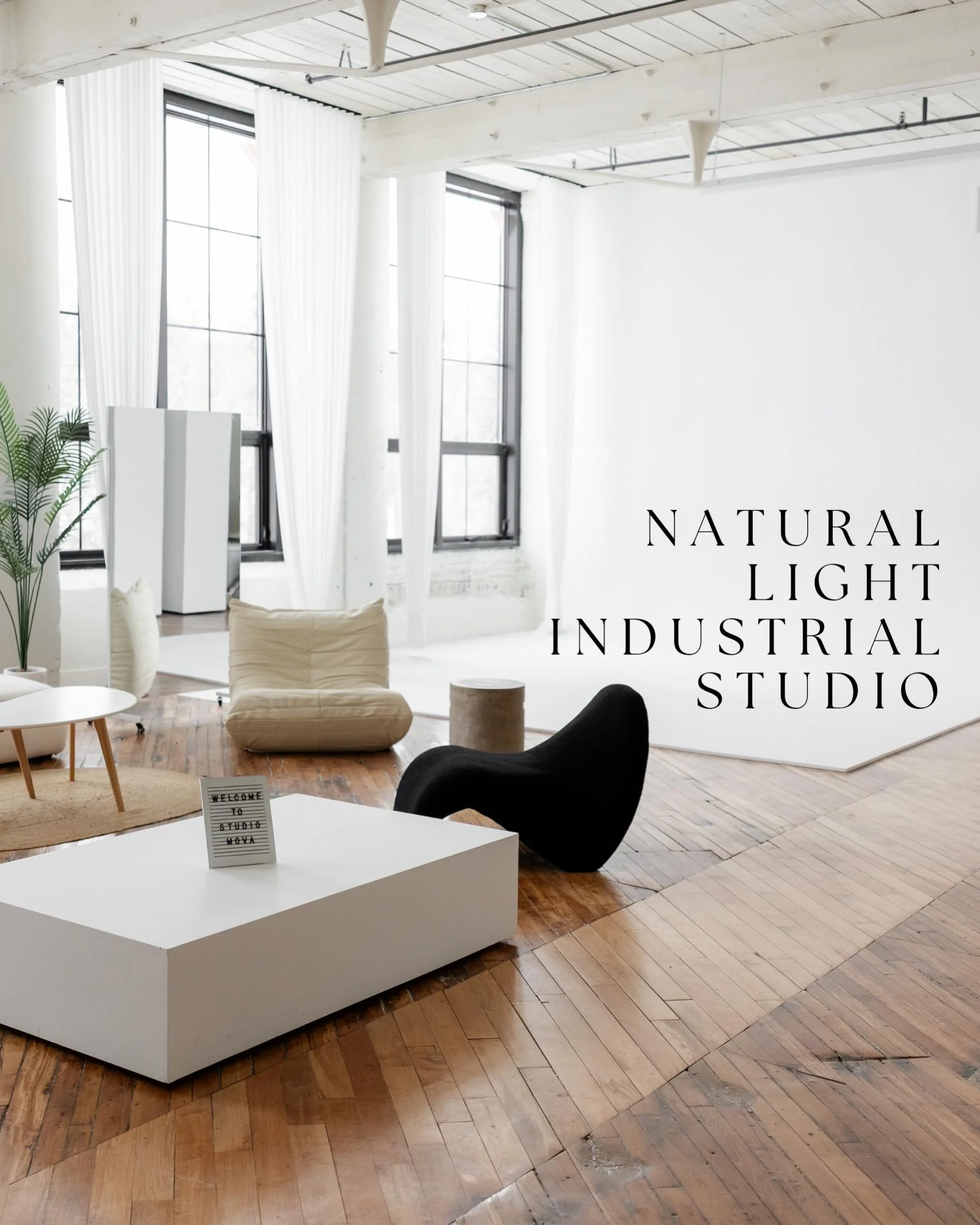 our loft-style studio is waiting for you to create 

▸ white cyclorama wall 
▸ large windows + natural light 
▸ floor to ceiling curtains 
▸ minimal design + decor 
▸ rolling white walls + low rolling table 
▸ creative workspace 
▸ hair + makeup stat