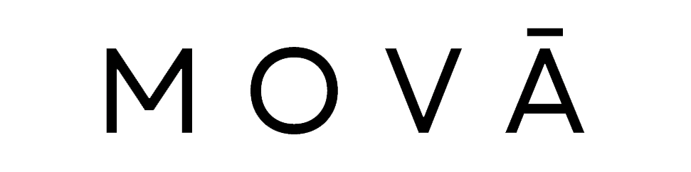 Black text on white background spelling out 'MOVA' with a stylized accent over the A.
