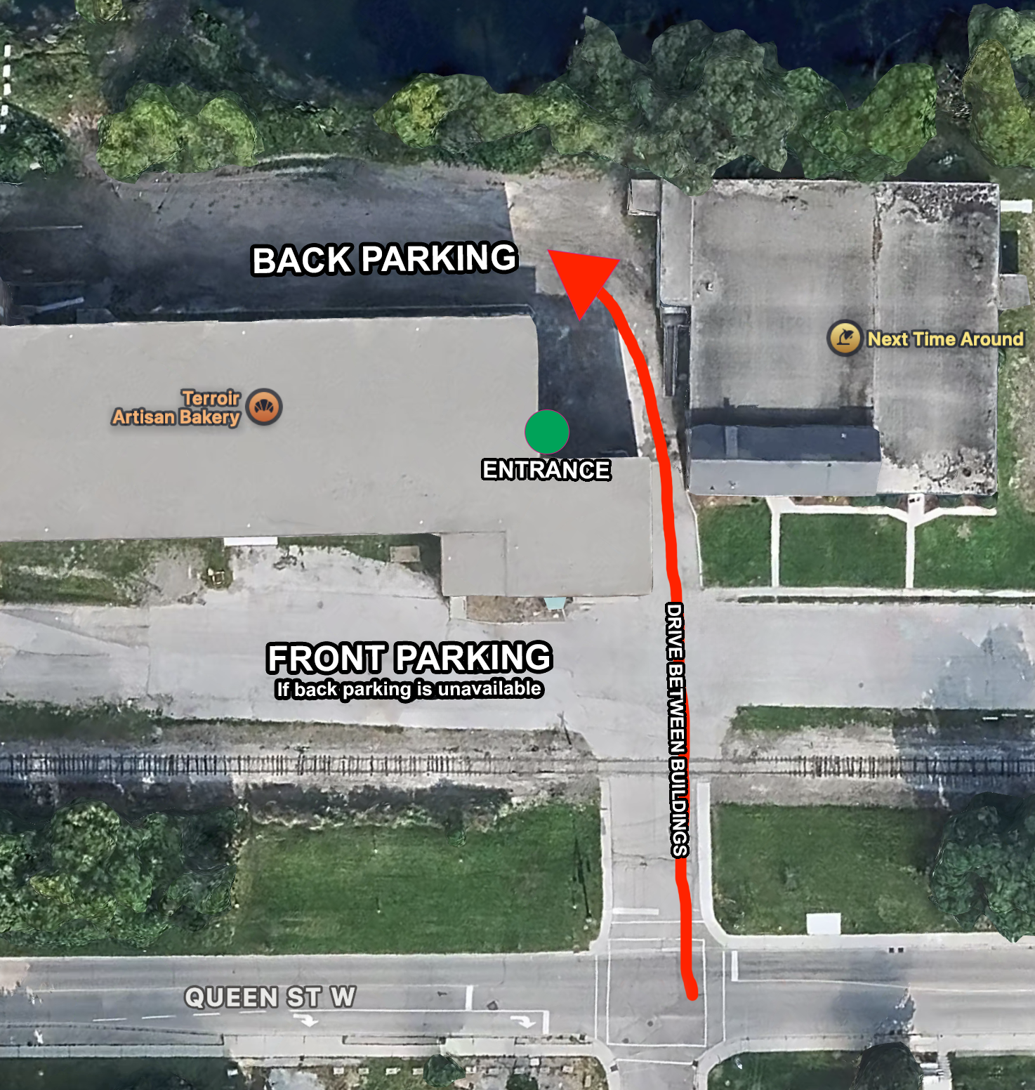 Aerial view of building and parking area with labeled directions. Entrance marked with a green dot, back parking at the rear, front parking in front of the building, and a driveway between buildings. Sidewalks, trees, and street Queen St W are visible. An arrow indicates the drive between buildings from the entrance to back parking. The building houses Terroir Artisan Bakery, with notes about unavailable back parking and a nearby 'Next Time Around' location.