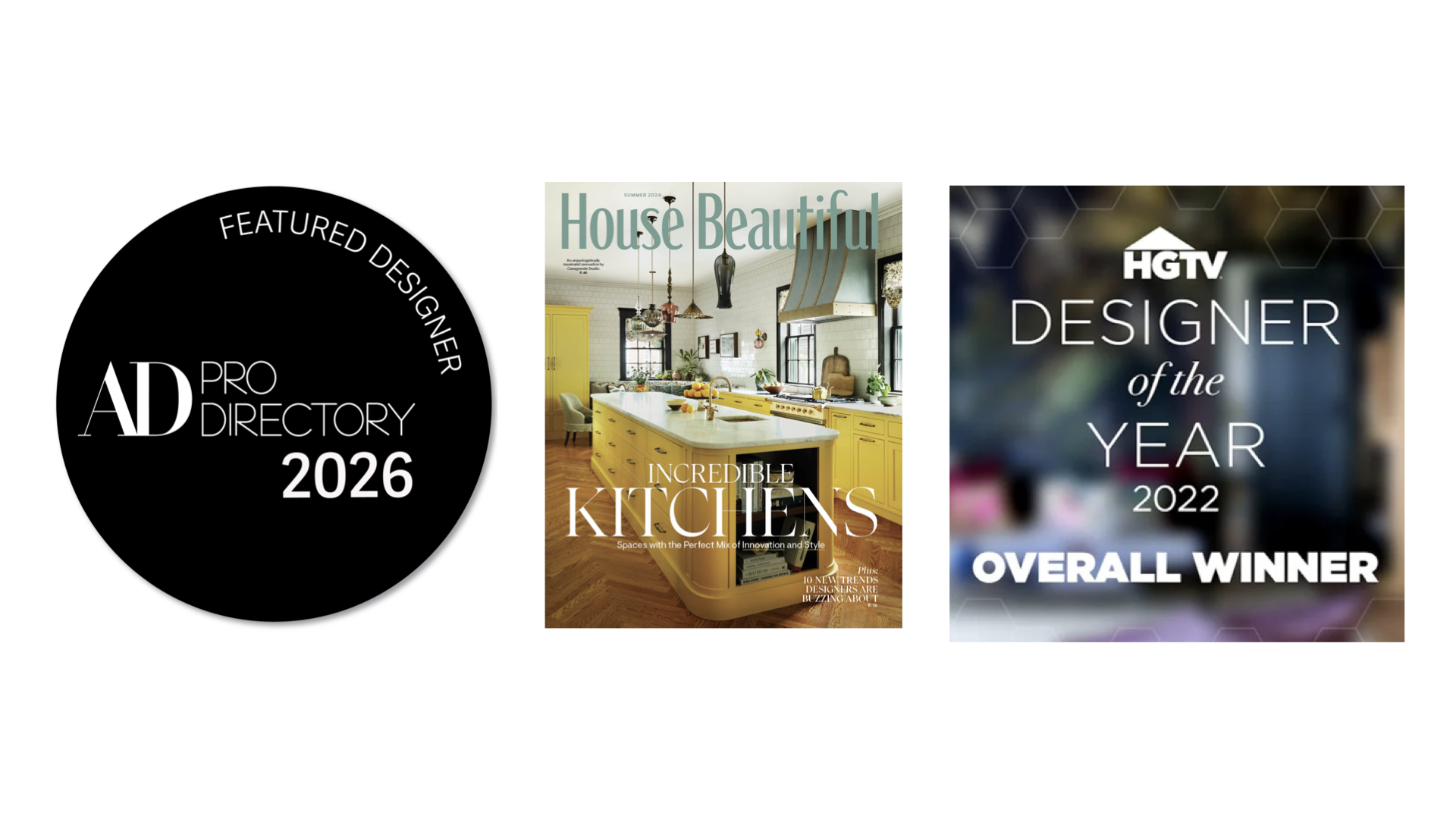 Casagrande Studio awards and press: Architectural Digest AD PRO Directory featured designer 2026, House Beautiful Incredible Kitchens cover, and HGTV Designer of the Year 2022 overall winner
