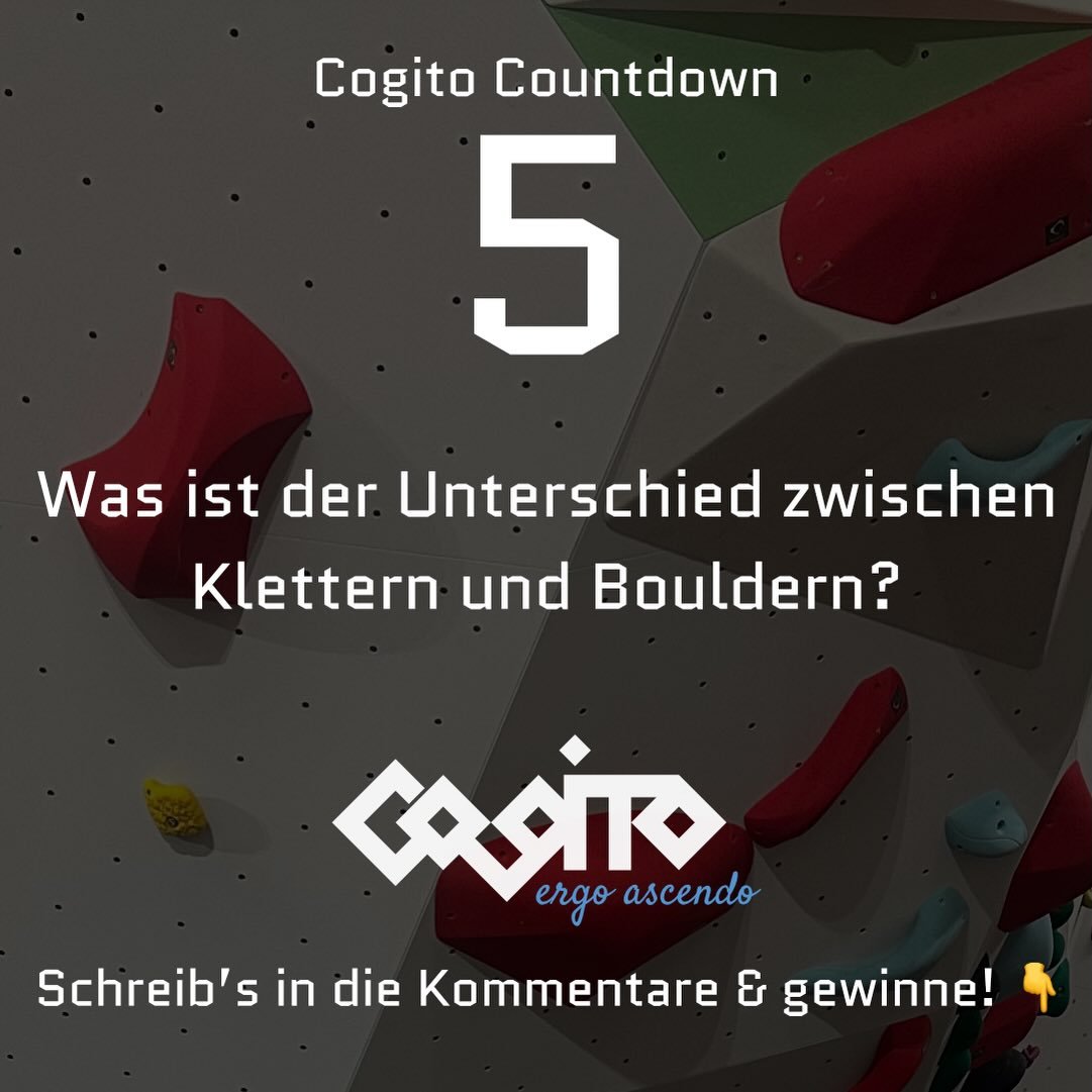 🧠 COGITO COUNTDOWN 5

Klettern und Bouldern sehen &auml;hnlich aus.
Aber einige Unterschiede machen den Sport v&ouml;llig anders. 👀

Wei&szlig;t du welche?

Schreib deine Antwort in die Kommentare &darr;

💡 Tipp:
Den Unterschied erkennt man sofort