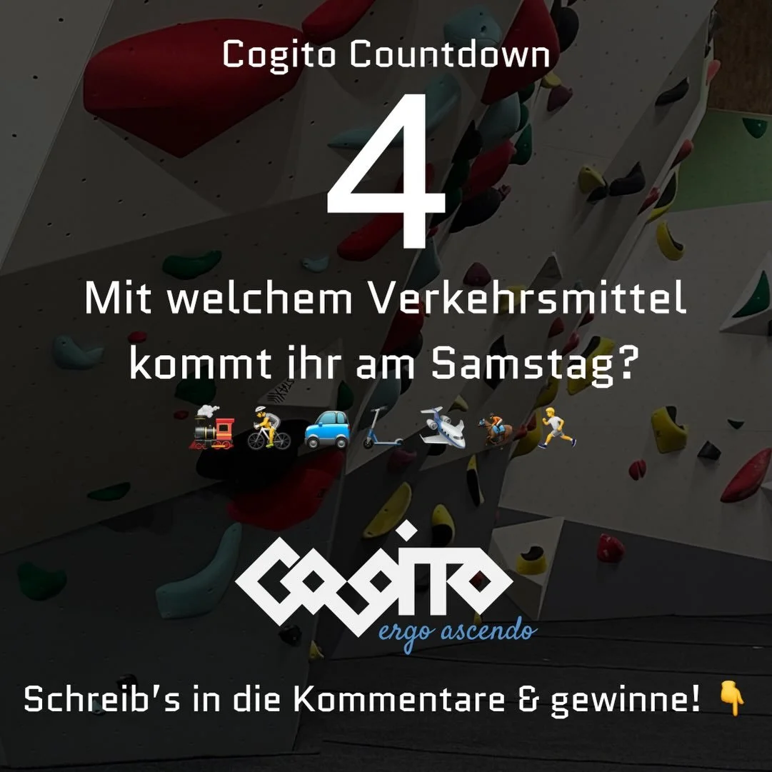 🧠 COGITO COUNTDOWN 4

Die Er&ouml;ffnung r&uuml;ckt n&auml;her. 👀
Am Samstag &ouml;ffnen sich die T&uuml;ren zum Cogito.

Die Frage heute:

Mit welchem Verkehrsmittel kommt ihr vorbei?
🚂🚲🚗✈️🐎🏃

Schreibt eure Antwort in die Kommentare &darr;

?