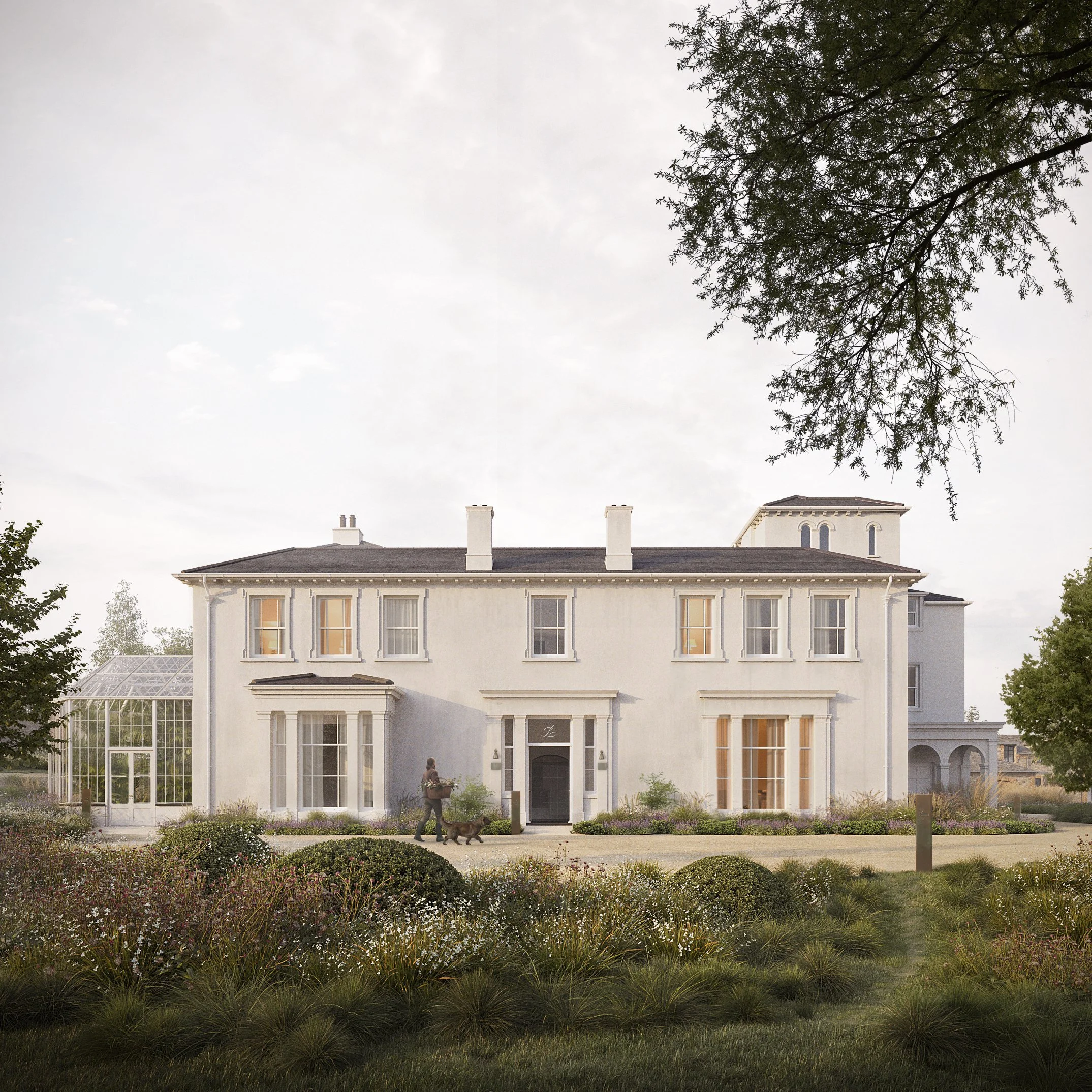 A large white house with multiple windows, a greenhouse on the left, and a person walking a dog in front, surrounded by a landscaped garden with bushes and flowers.