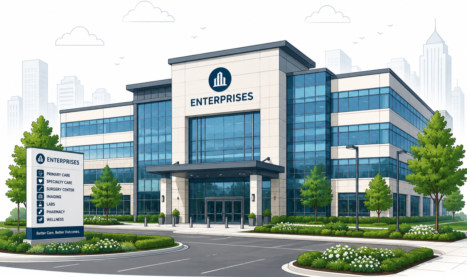 Illustration of a modern multi-story health care building labeled "Enterprises" with trees, landscaping, and a nearby sign listing services like primary care, specialty care, surgery, imaging, labs, pharmacy, and wellness.