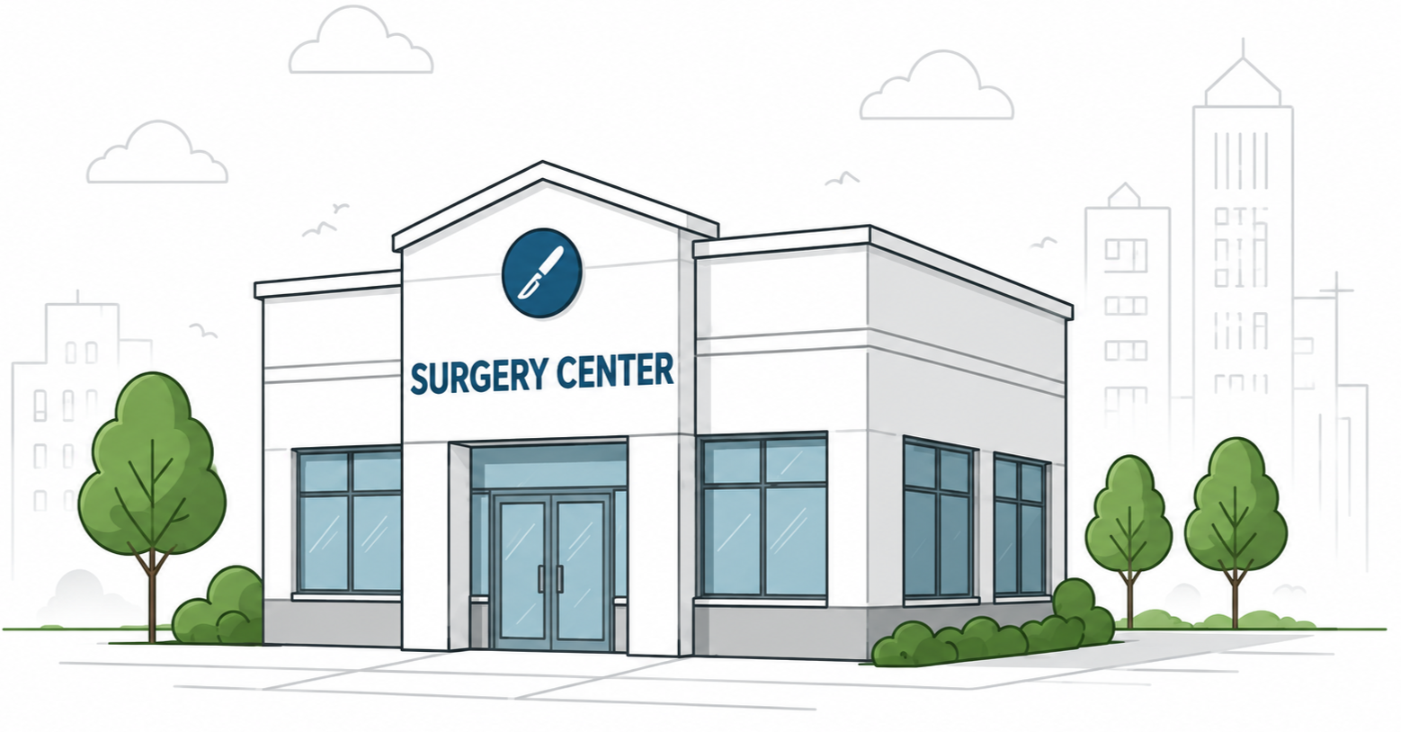 Illustration of a modern surgical center building with large windows, a double door entrance, and a sign that reads "SURGERY CENTER" with a pen icon above. Surrounding the building are trees and shrubs, with a cityscape and clouds in the background.