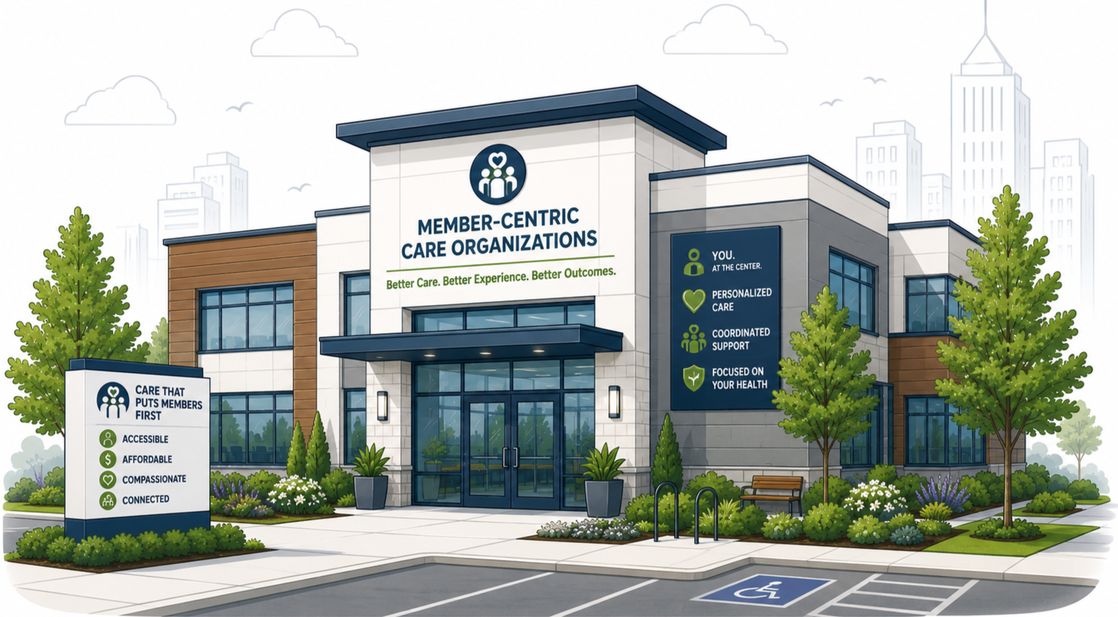 Illustration of a modern building for member-centric care organizations with trees, landscaped plants, and signage highlighting accessibility, affordability, compassion, connection, personalized care, support, and health focus, located in an urban setting with high-rise buildings in the background.