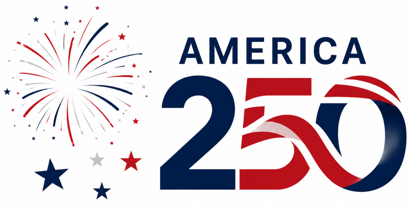 Fireworks display with red, white, and blue colors next to the text "America 250" in a patriotic theme.