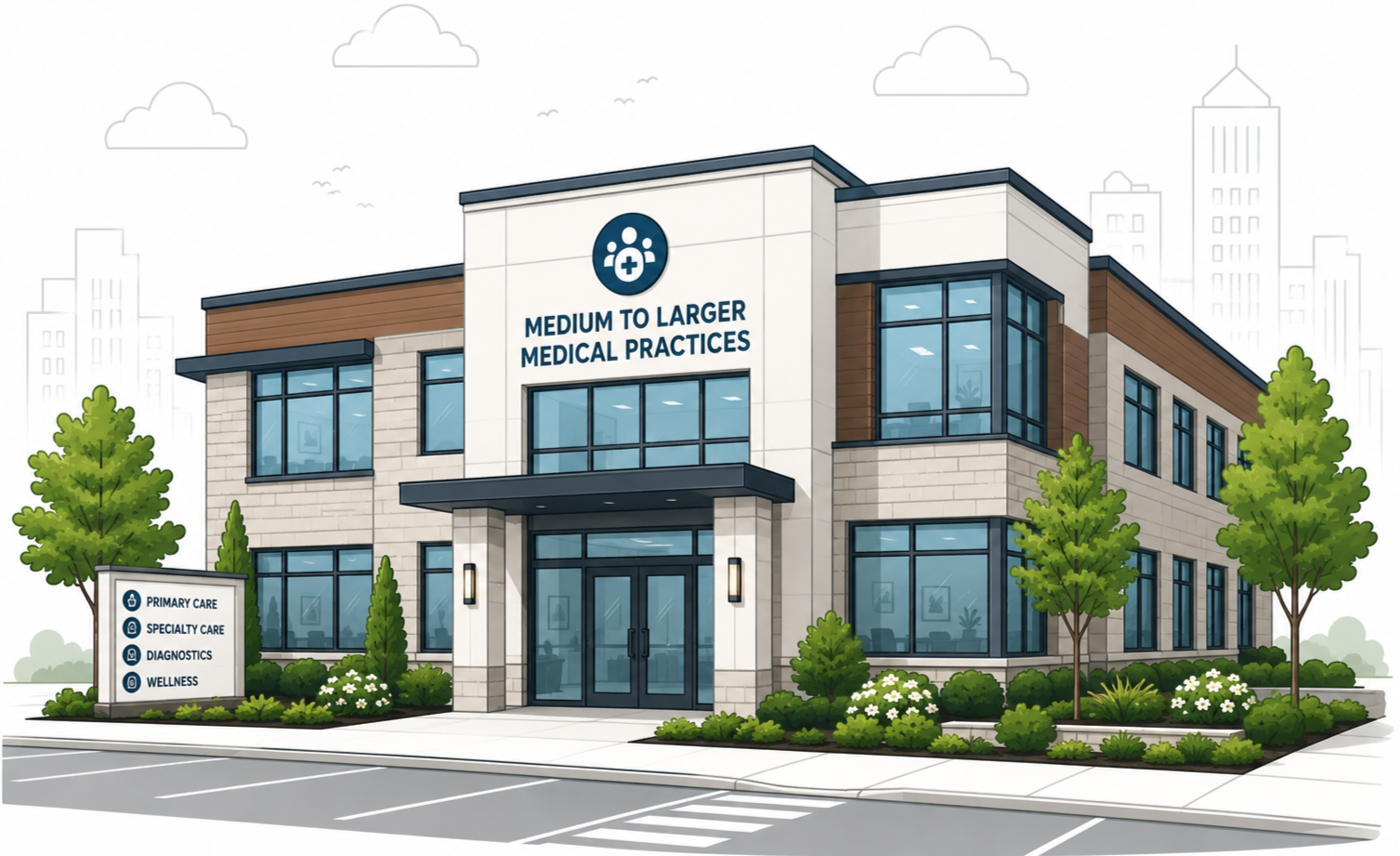 Illustration of a modern medical building labeled 'Medium to Larger Medical Practices' with green trees and a parking lot in front, including a sign listing primary care, specialty care, diagnostics, and wellness services.