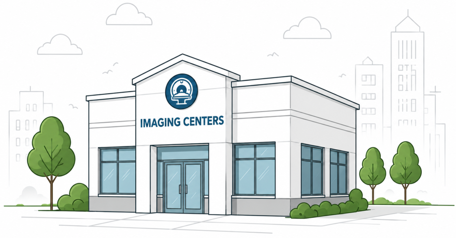 Illustration of a modern imaging center building with large windows, greenery, and a sign that reads 'IMAGING CENTERS' on the front facade.