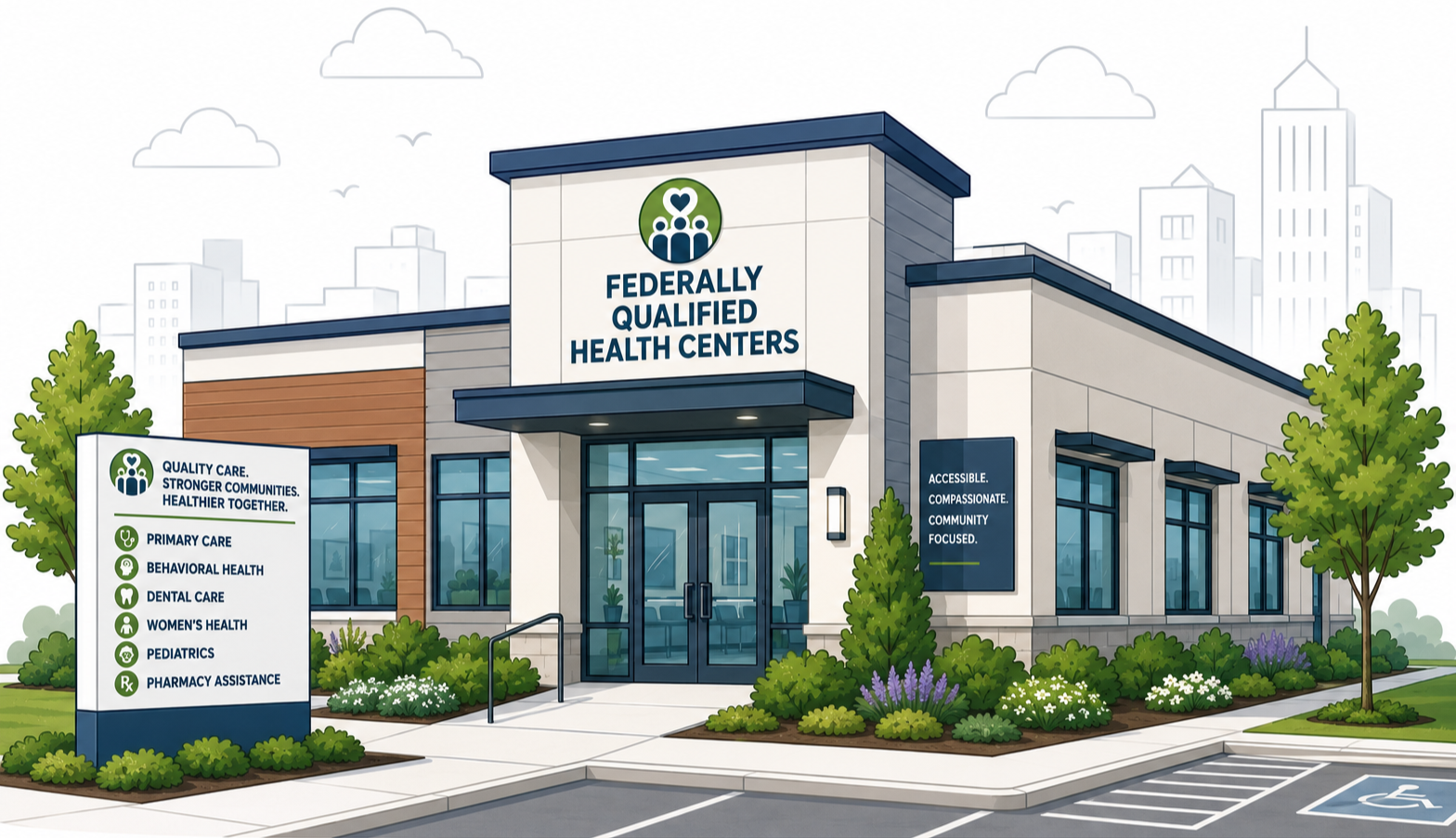 Illustration of a health center with a sign displaying services like primary care, behavioral health, dental care, women's health, pediatrics, and pharmacy assistance, in an urban setting with trees and parking lot.