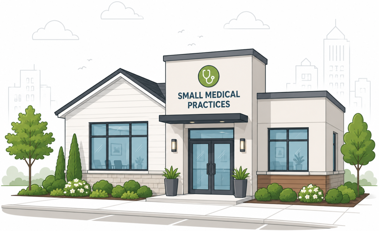 Illustration of a small medical practice building with large windows and a sign that says 'Small Medical Practices,' surrounded by greenery and trees.