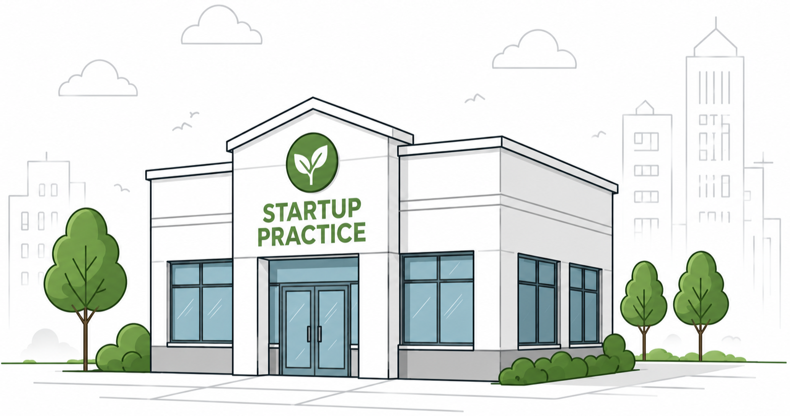 Illustration of a modern building with large windows and a sign that reads 'STARTUP PRACTICE' with a leaf logo, surrounded by trees and cityscape in the background.