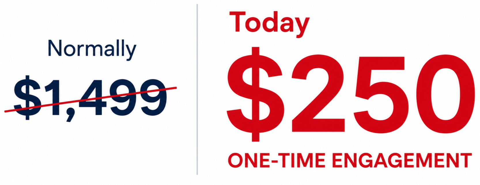 Comparison of pricing, showing the original price of $1,499 crossed out and the new one-time engagement price of $250 in bold red text.