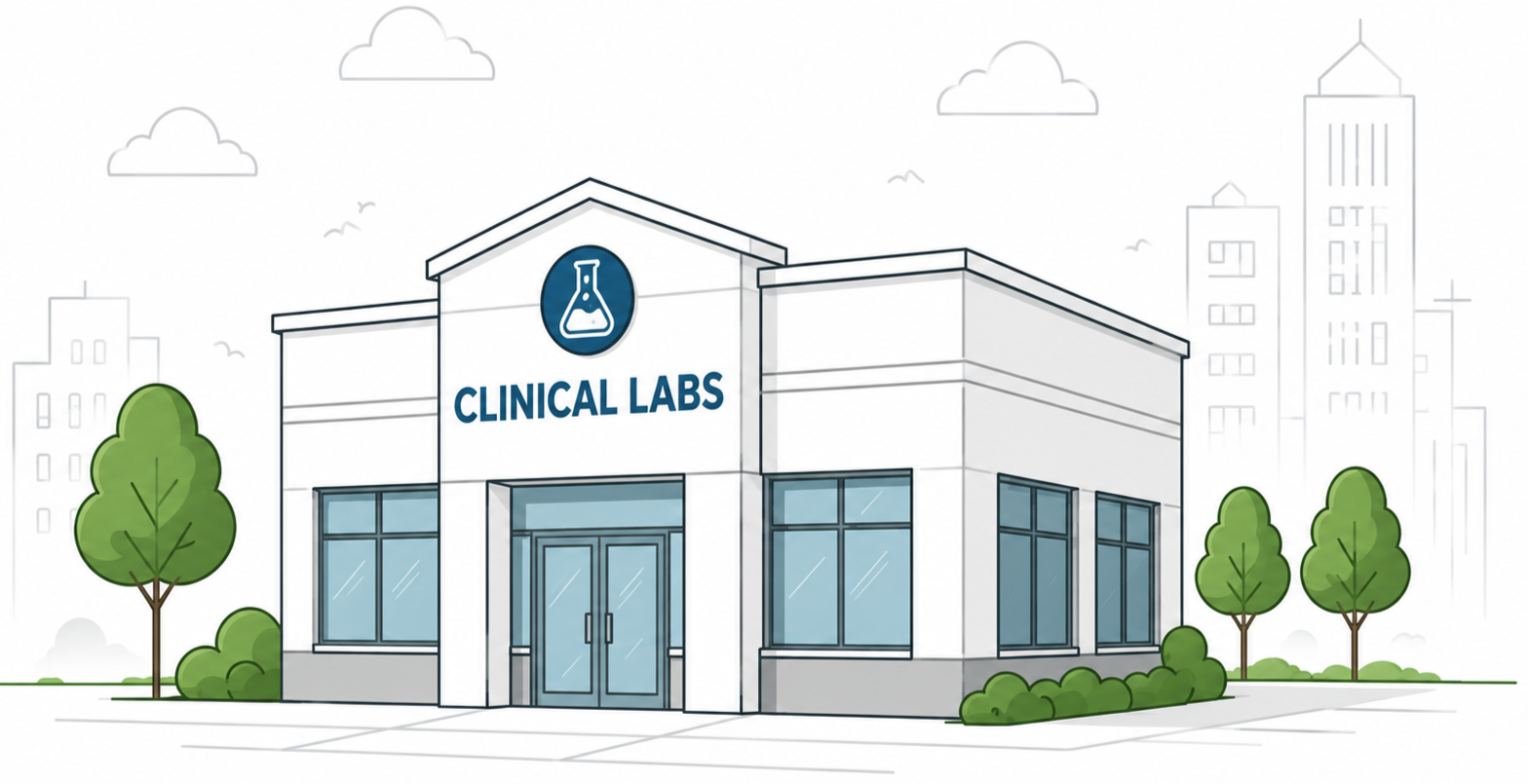 Illustration of a modern clinical laboratory building with large windows, trees, and shrubs, featuring a sign with a laboratory flask icon and the words 'CLINICAL LABS' on the front.