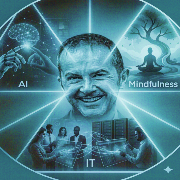 A collage showing a smiling man at the center with sections labeled AI, Mindfulness, and IT, including images of brain, meditation, and technology scene.