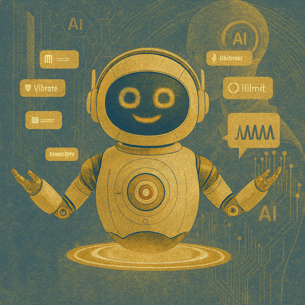 A digital illustration of a friendly robot with a round head and a smiling face on its screen. The robot has outstretched arms, a round torso, and a glowing base. Surrounding the robot are various icons and text related to artificial intelligence, such as 'AI,' 'Vibrate,' 'Obitnes,' and 'Hilmit,' along with graphical waveforms and circuit patterns, all in a yellowish and blue color scheme.