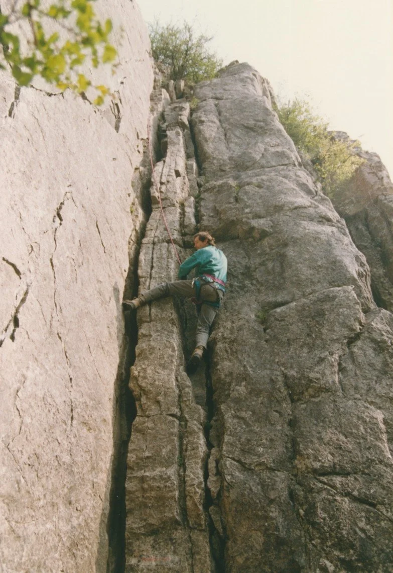 A person rock climbing on a tall, narrow crack in a steep cliff face.