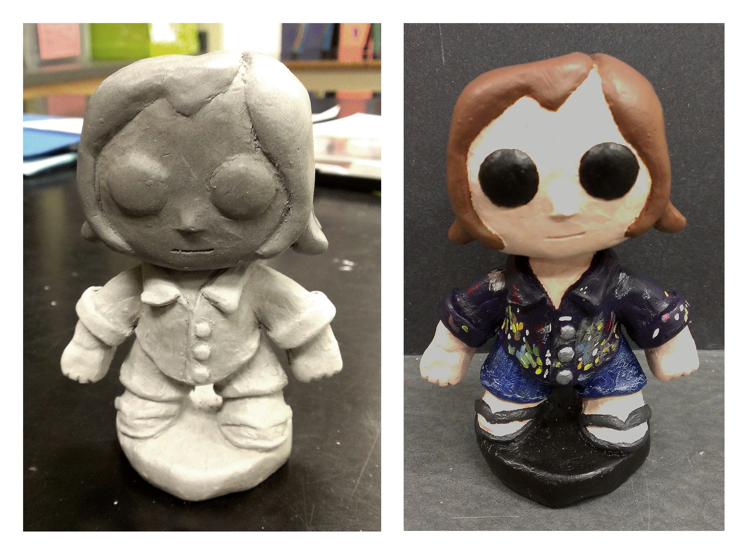 Handmade self-portrait bobblehead done in the Funko Pop style. Raw clay on left. Painted version on right.