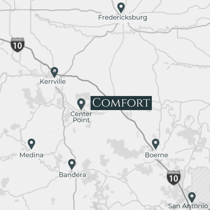 Comfort area map showing locations of Center Point, Kerrville, New Braunfels, Boerne, Medina, Bandera, and San Antonio, with a highlighted area labeled Comfort and Interstate 10 running through it.