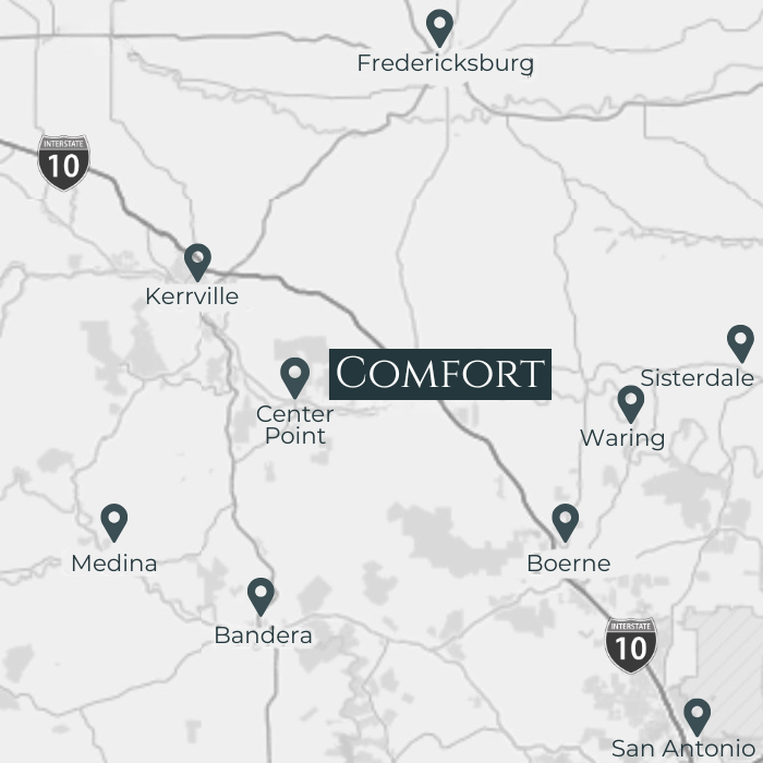 Map showing the location of Comfort in Texas, with nearby towns including Fredericksburg, Kerrville, Center Point, Sisterdale, Waring, Boerne, Medina, Bandera, and San Antonio. Major roads such as Interstate 10 are also visible.