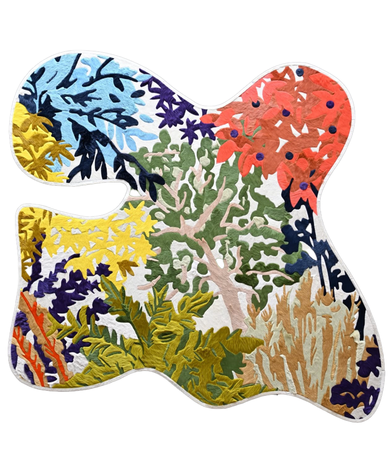 Colorful abstract textile rug with various leaf and plant shapes arranged in a flowing pattern.