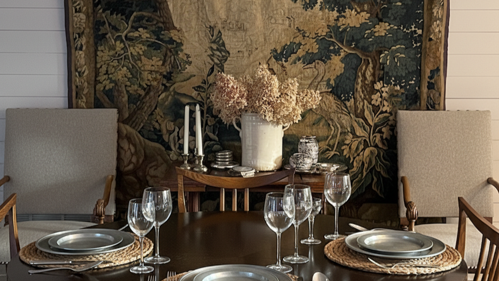 A dining table set for six with plates, silverware, and wine glasses, with beige chairs around it. A large white vase with dried flowers is in the center, and a tapestry with a natural scene hangs on the wall in the background.