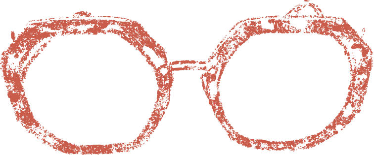 A pair of red, round eyeglasses with a textured, sketch-like appearance.