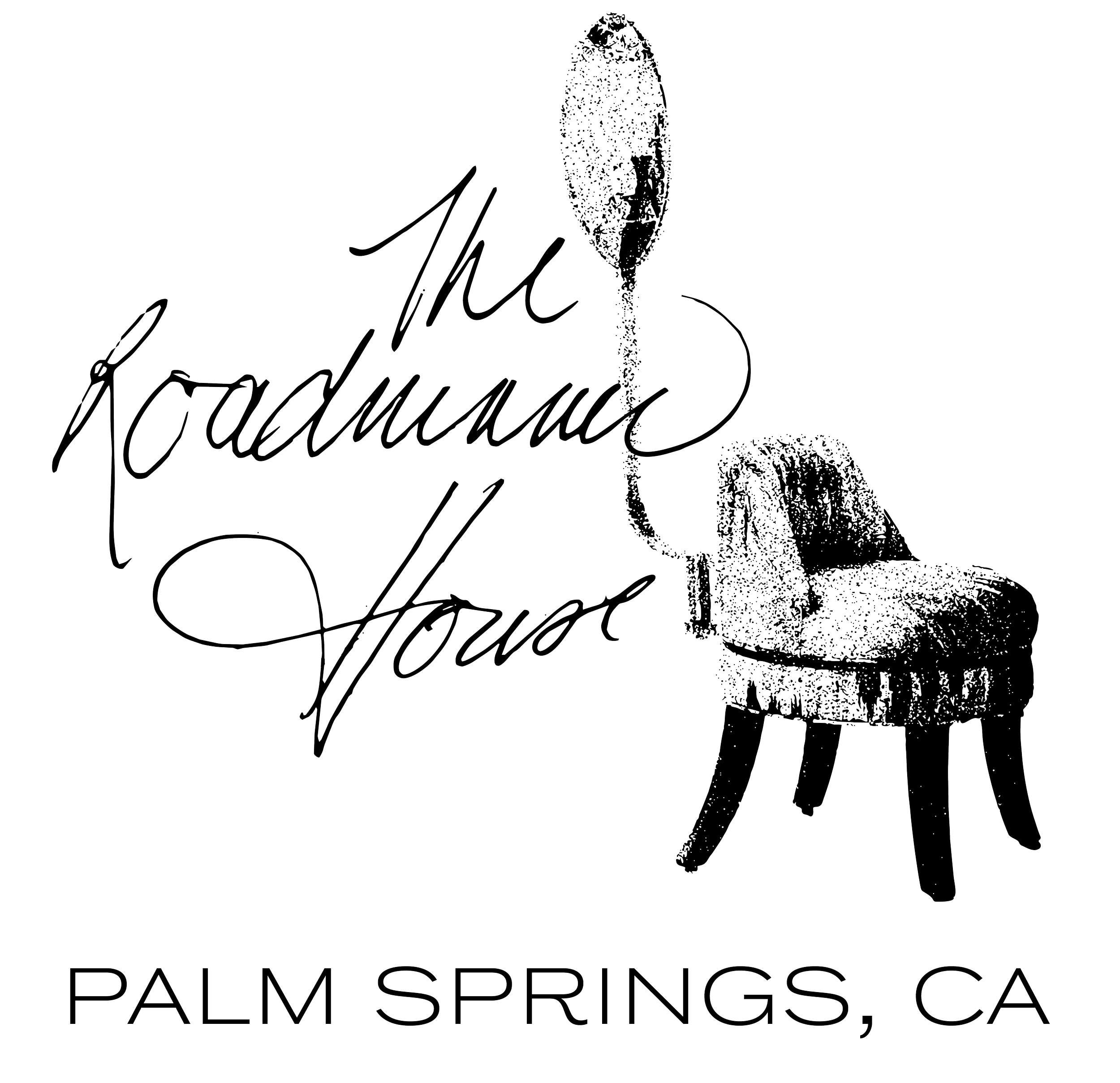 Artwork with the text "The Roadhouse Below" and an illustration of a chair, a balloon, and handwritten style text, with "Palm Springs, CA" at the bottom.