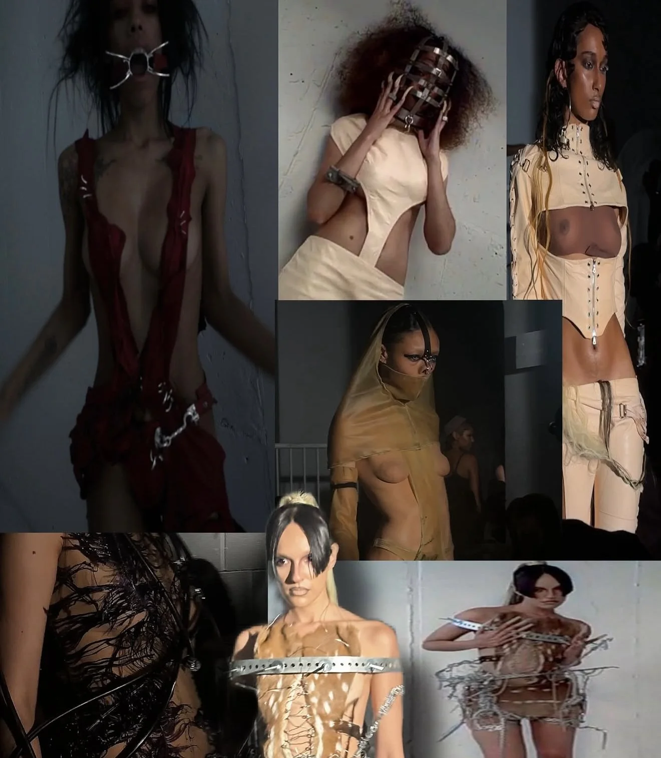 Collage of models in avant-garde fashion with unconventional clothing and accessories, featuring metal and fabric elements.