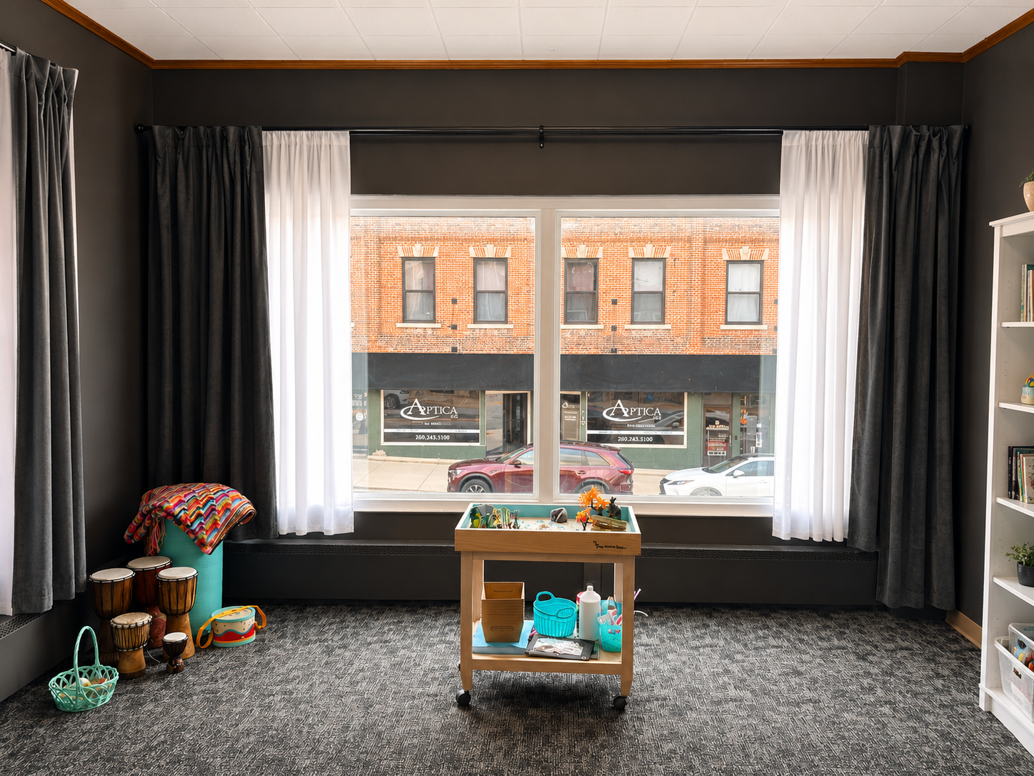 Expressive arts room in downtown Angola, Indiana counseling office.