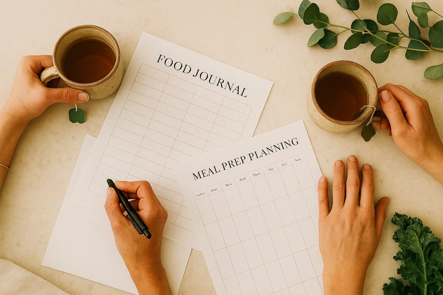 Two hands holding mugs of tea, surrounded by food planning and journal sheets, green leaves, and a light-colored surface.