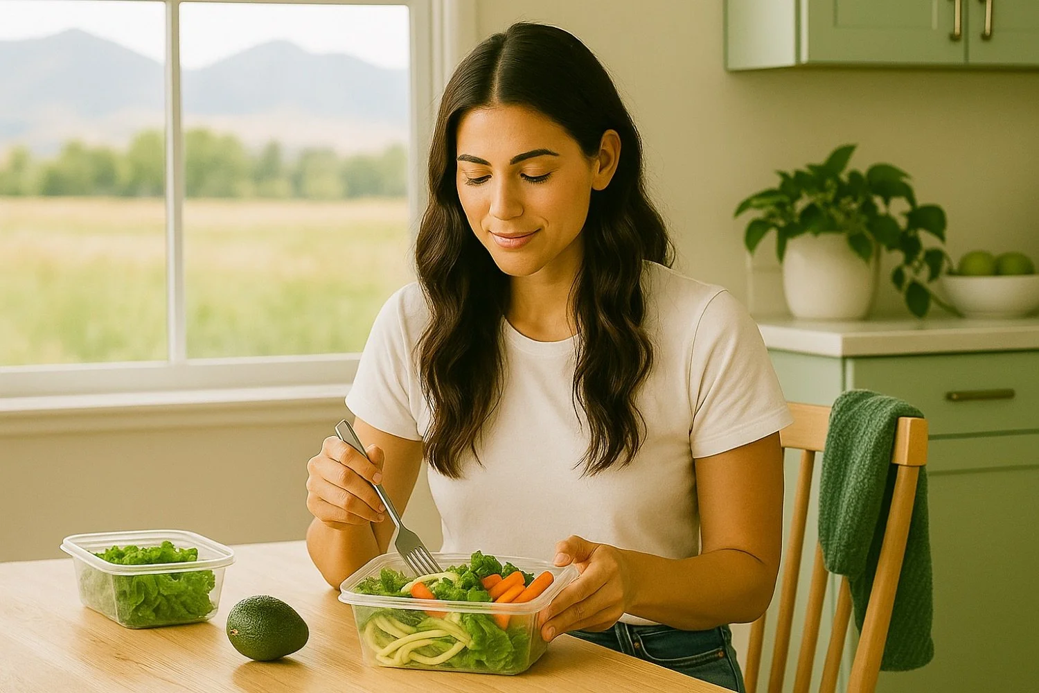 A woman with long dark hair sitting at a wooden table in a kitchen, preparing a salad with lettuce, carrots, and cucumbers, in a plastic container, with a container of lettuce and an avocado on the table, green cabinets, and a large window showing a scenic countryside view in the background.