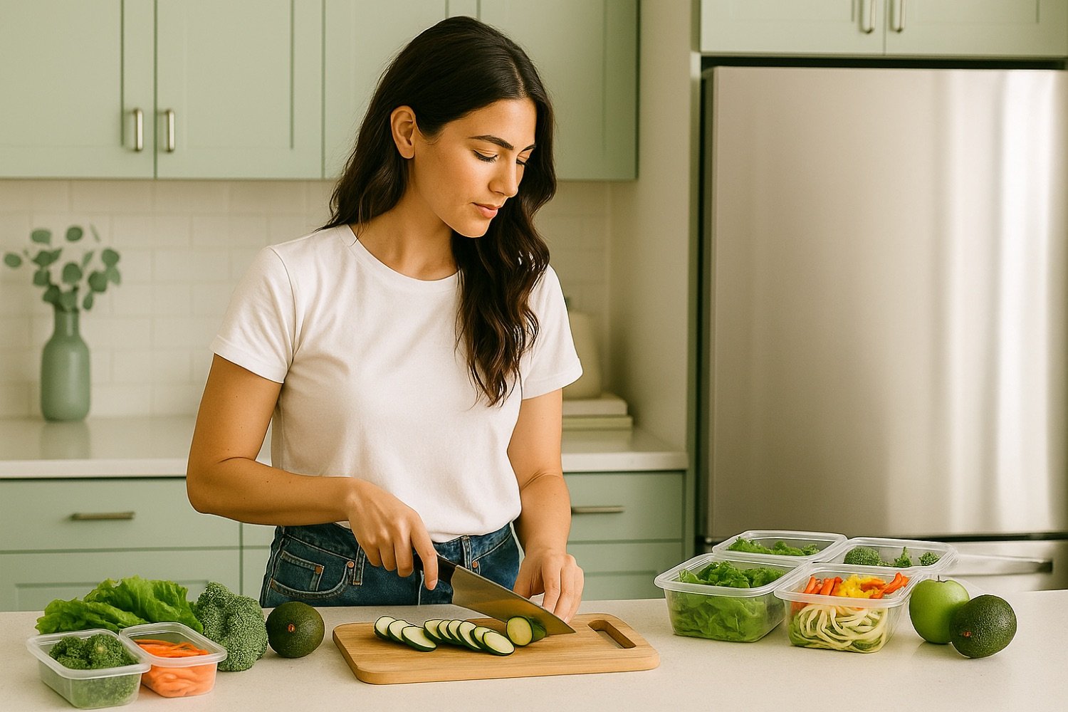A woman with long dark hair wearing a white t-shirt is slicing cucumbers on a wooden cutting board in a modern kitchen. There are containers of chopped vegetables, broccoli, and an avocado on the white countertop. The kitchen has pastel green cabinets and a stainless steel refrigerator.