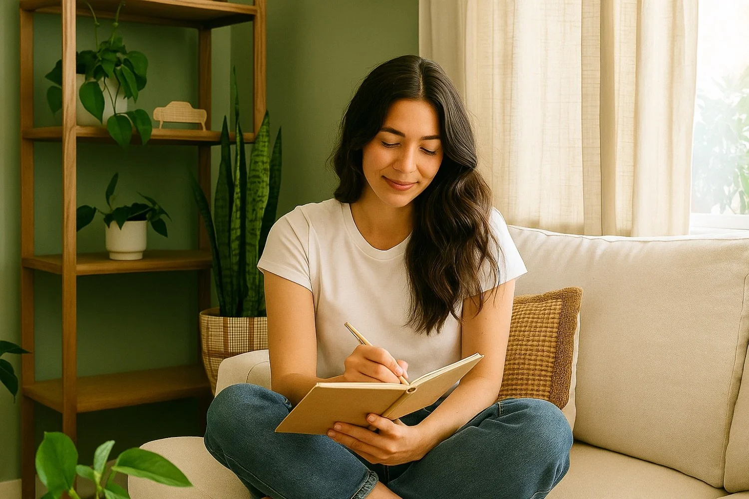 A young woman with long dark hair in a white t-shirt and jeans sitting cross-legged on a beige sofa, writing in a notebook. Behind her is a green wall, wooden shelf with potted plants, and a window with beige curtains.