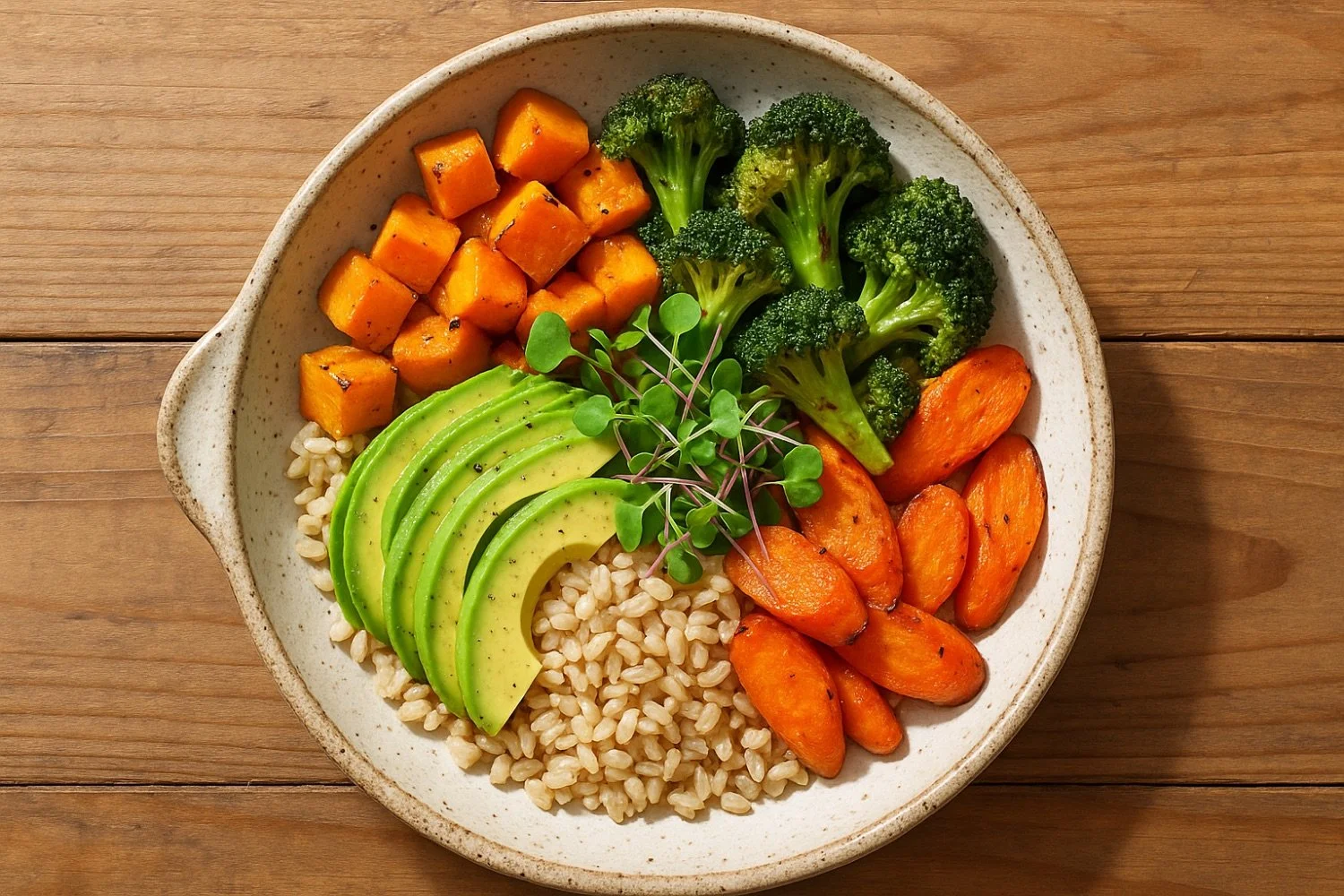 A bowl of roasted sweet potatoes, broccoli, avocado slices, microgreens, and cooked grains on a wooden surface.
