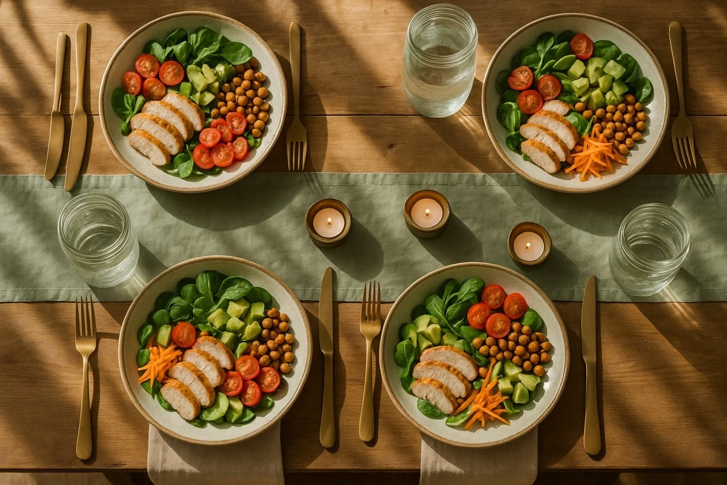 A set of four plates of salad with sliced chicken breast, cherry tomatoes, cucumber, spinach, chickpeas, and shredded carrots, placed on a wooden table with three candles and glasses of water.
