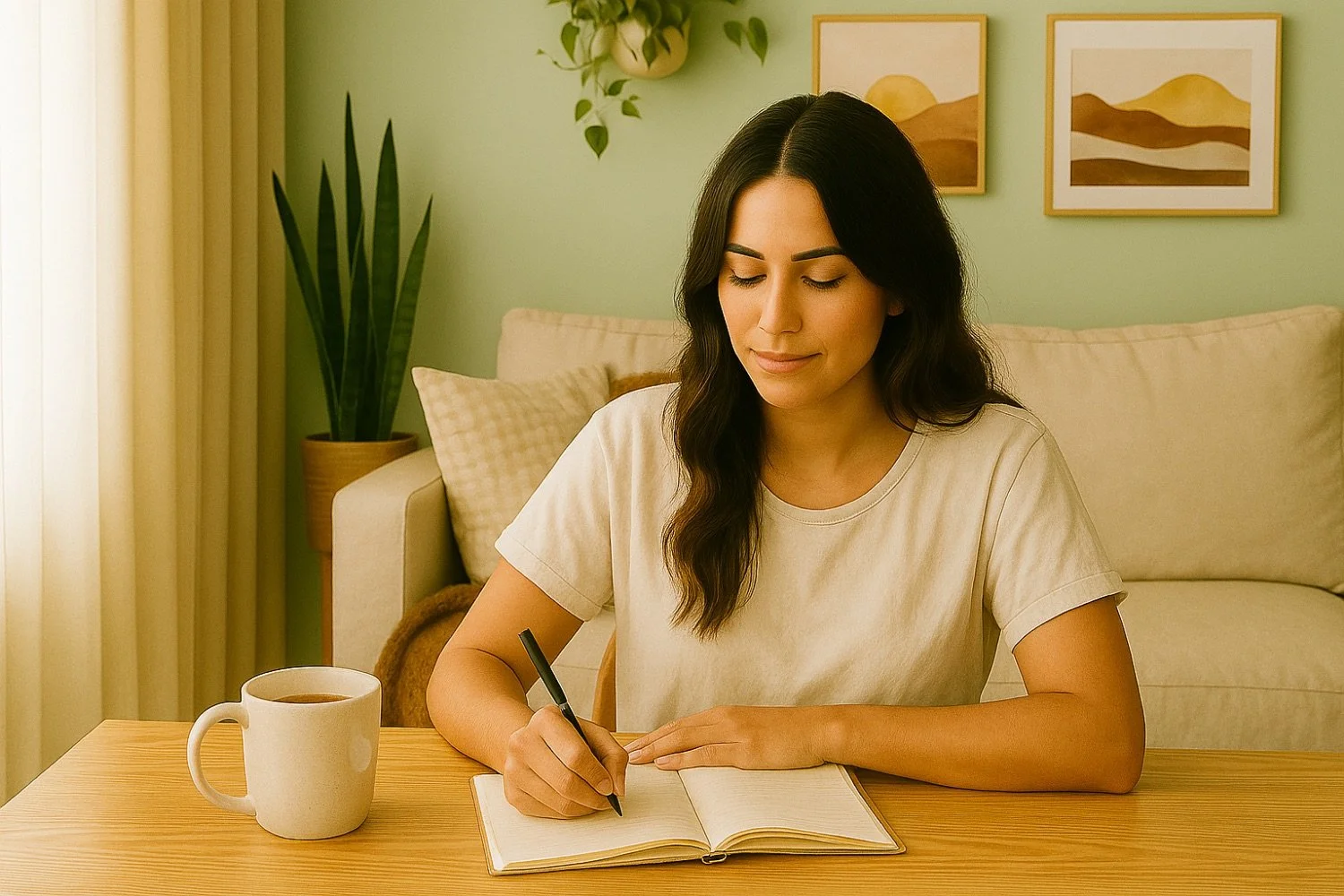 A young woman with dark hair sitting at a wooden table, writing in a notebook with a black pen, a cup of coffee nearby, in a cozy living room with green walls, art prints, and a large plant.