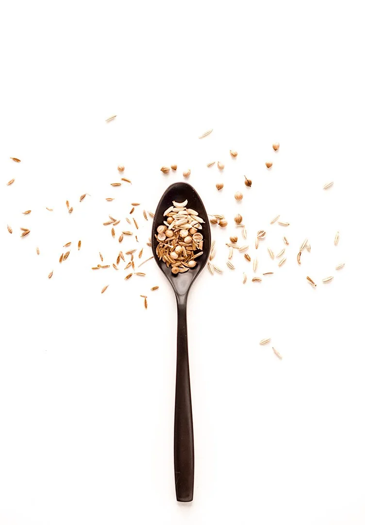 A black spoon filled with sunflower seeds, with scattered seeds around it on a white background.