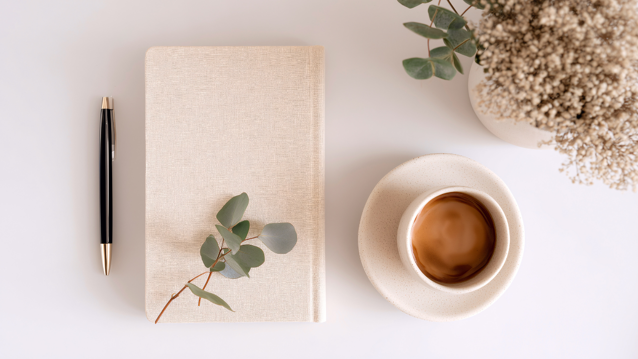 A flat lay photo of a beige notebook with a sprig of eucalyptus on it, a black and gold pen, a cup of coffee on a matching saucer, and a vase of white flowers on a white surface.