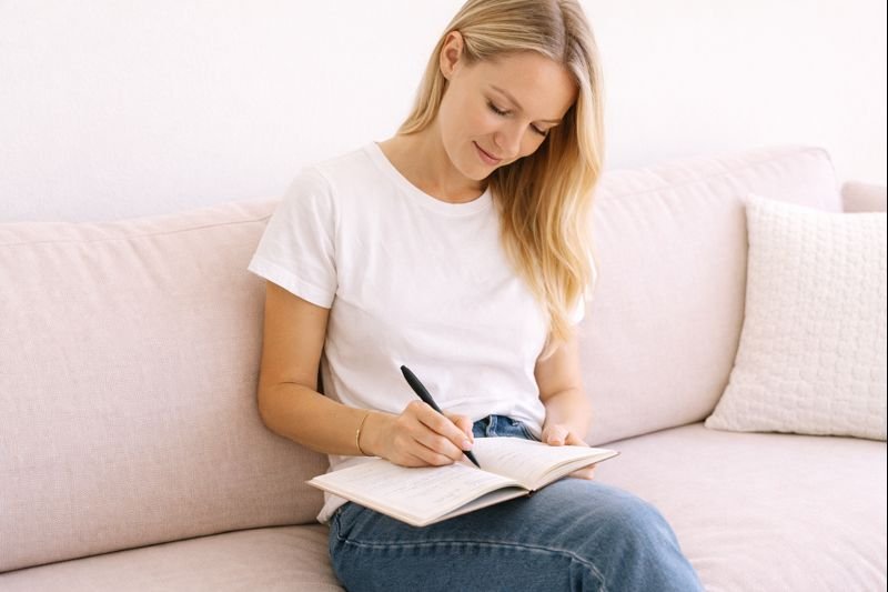A young woman with long blonde hair sitting on a light-colored couch, writing in a notebook with a black pen, smiling and looking down at her notebook.